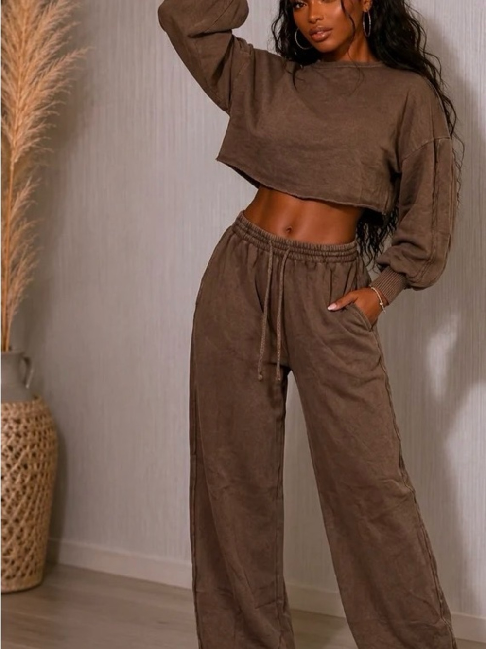 WASHED LS CROP TOP & PANTS SET MOCHA